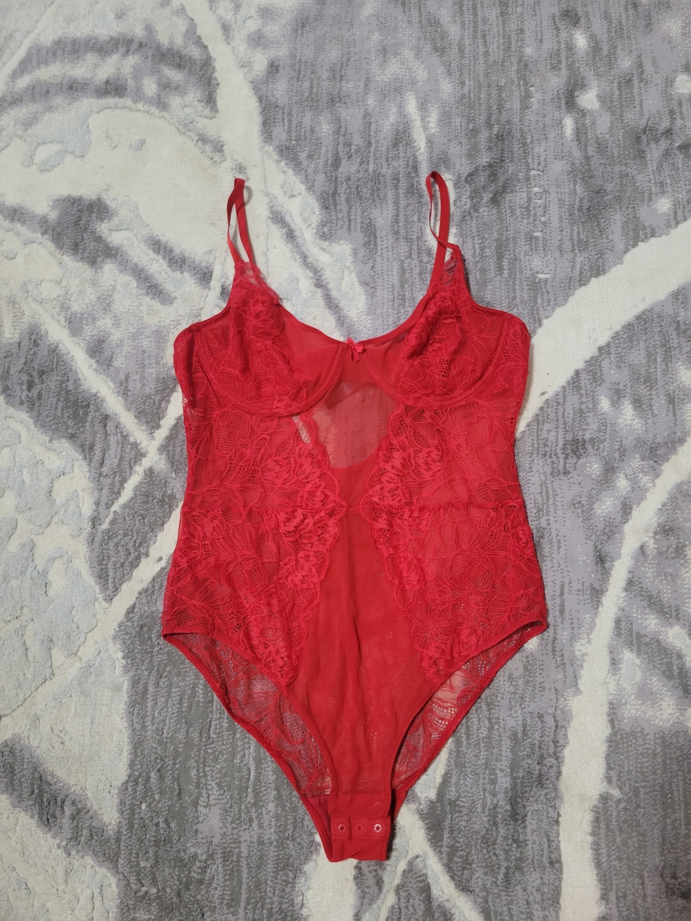 Red Lace Sheer Bodysuit with Underwire Cups Size 38B